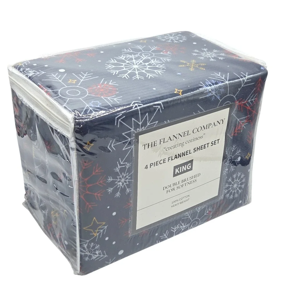 King Size Winter Cozy Cotton Flannel Sheet Set Snowflakes‎ Printed Heavy Weight